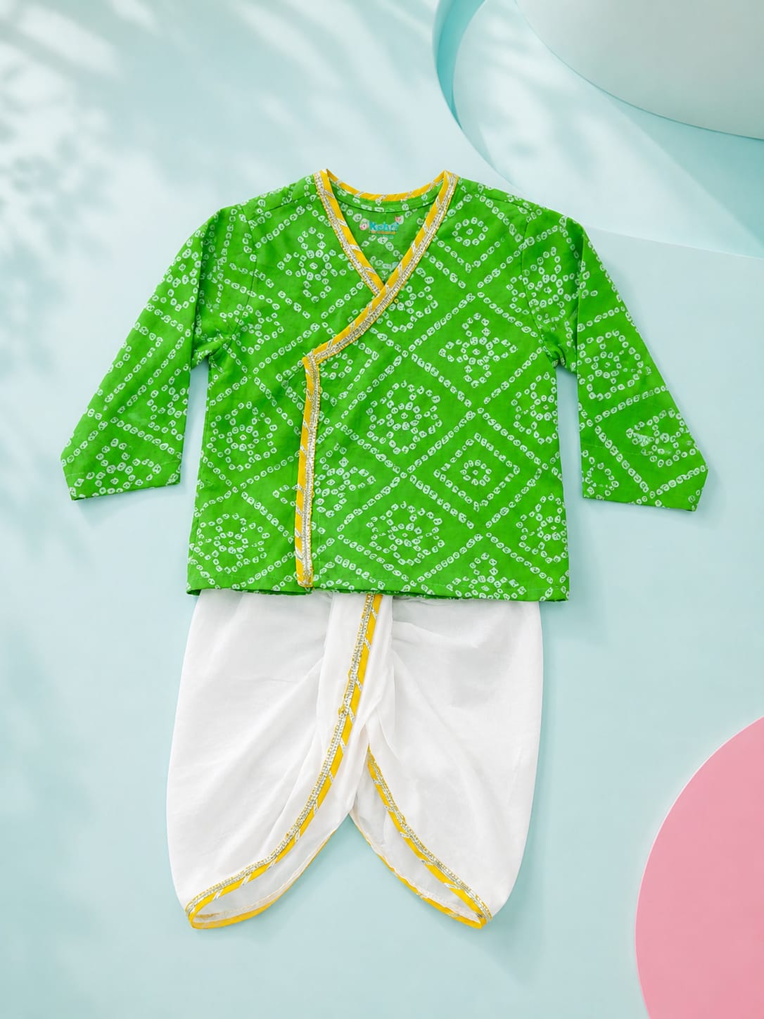 Kehri Dhoti Kurta set- Green bandhej