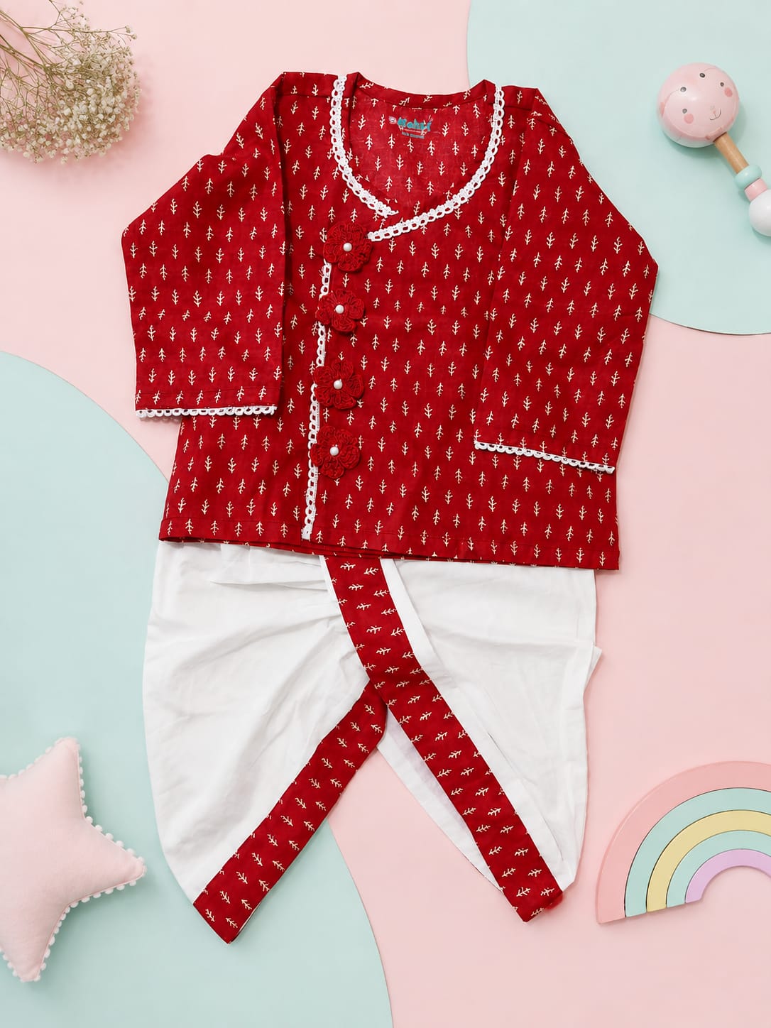 Kehri dhoti kurta set- Red and white